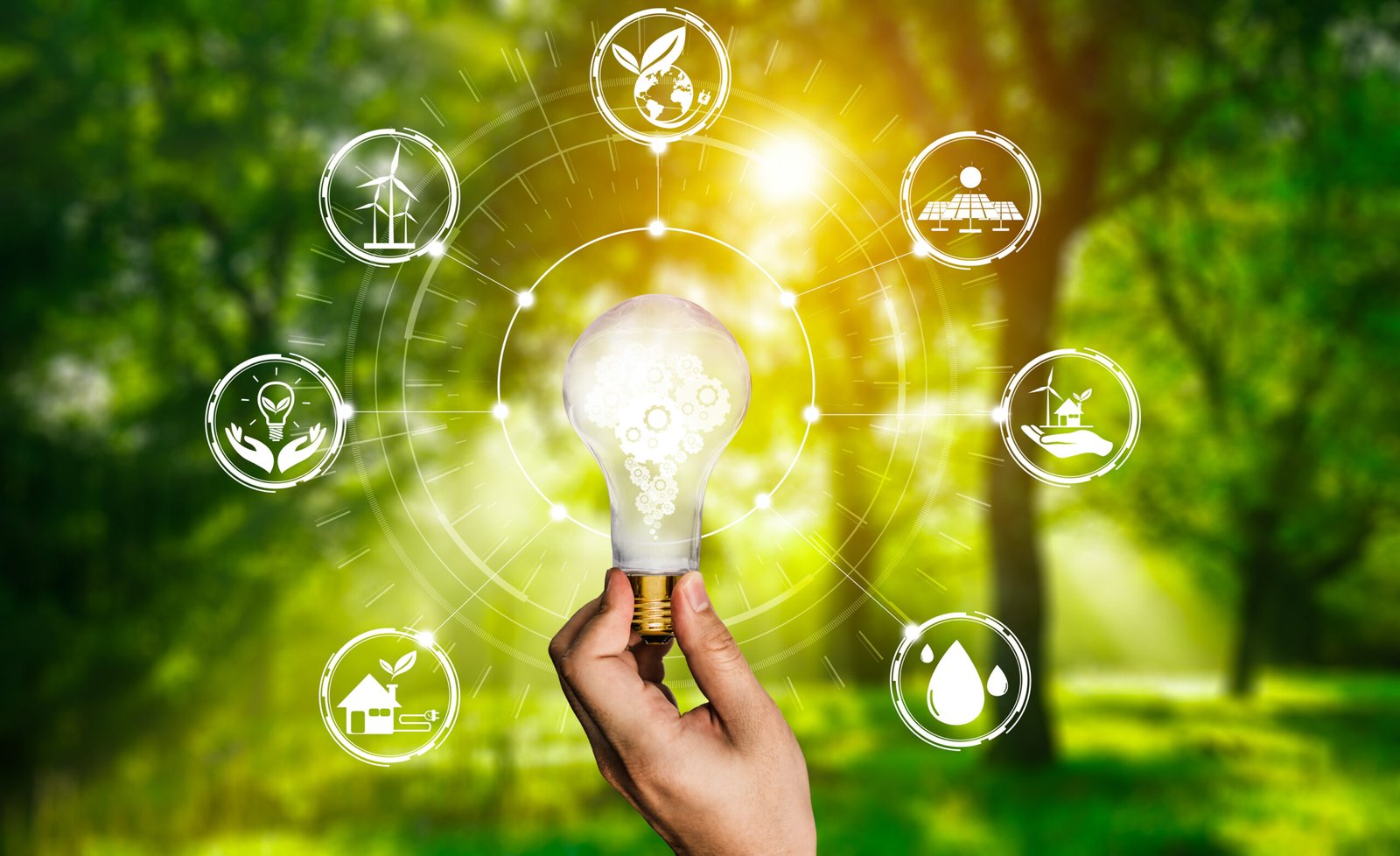 Green energy innovation light bulb with future industry of power generation icon graphic interface. Concept of sustainability development by alternative energy.